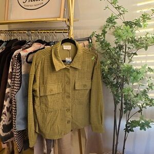 Very J Olive Textured Button-Front Shirt Jacket